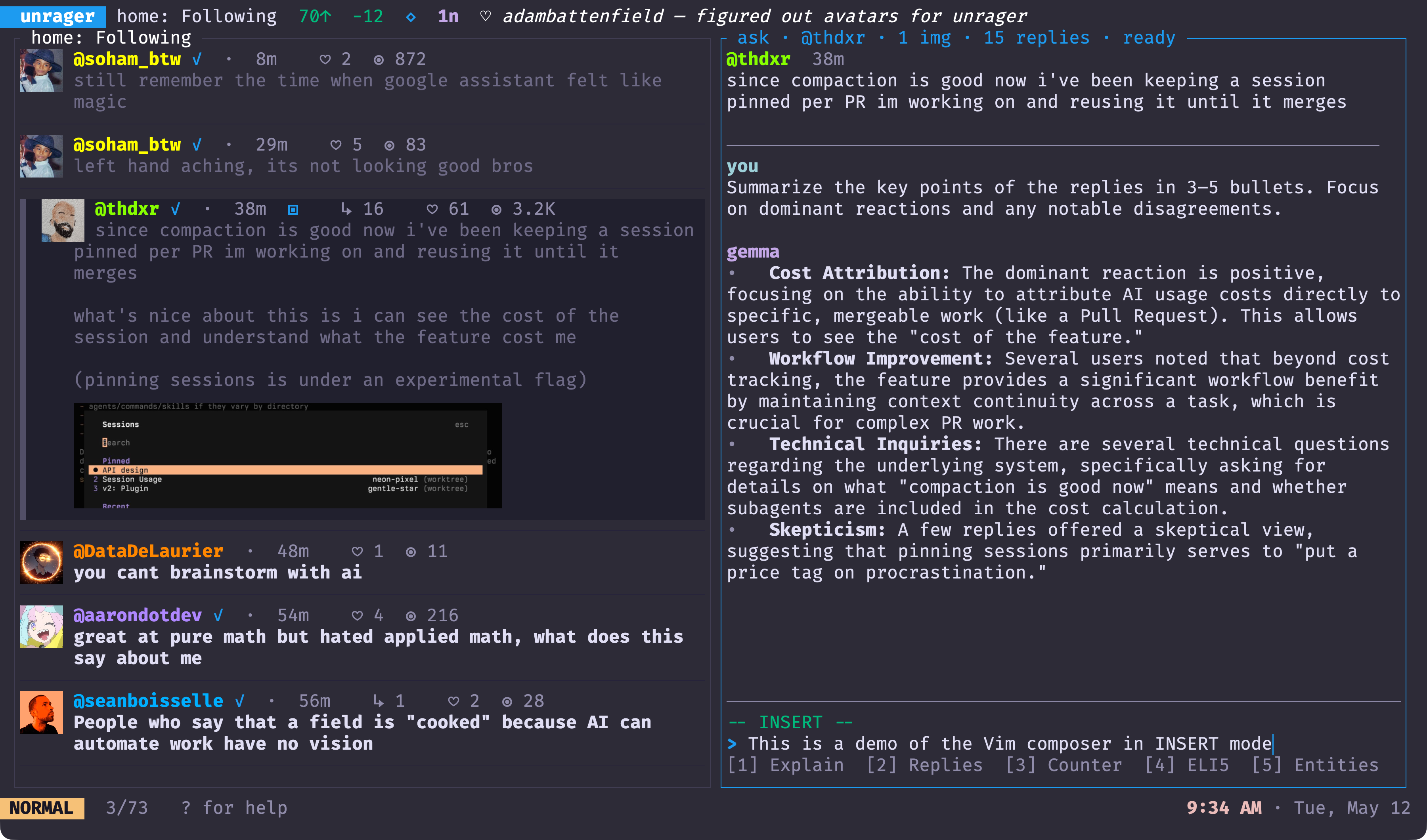 ask pane on the right showing a bullet-list gemma summary of the focal tweet's replies, with the Vim composer in INSERT mode pinned at the bottom