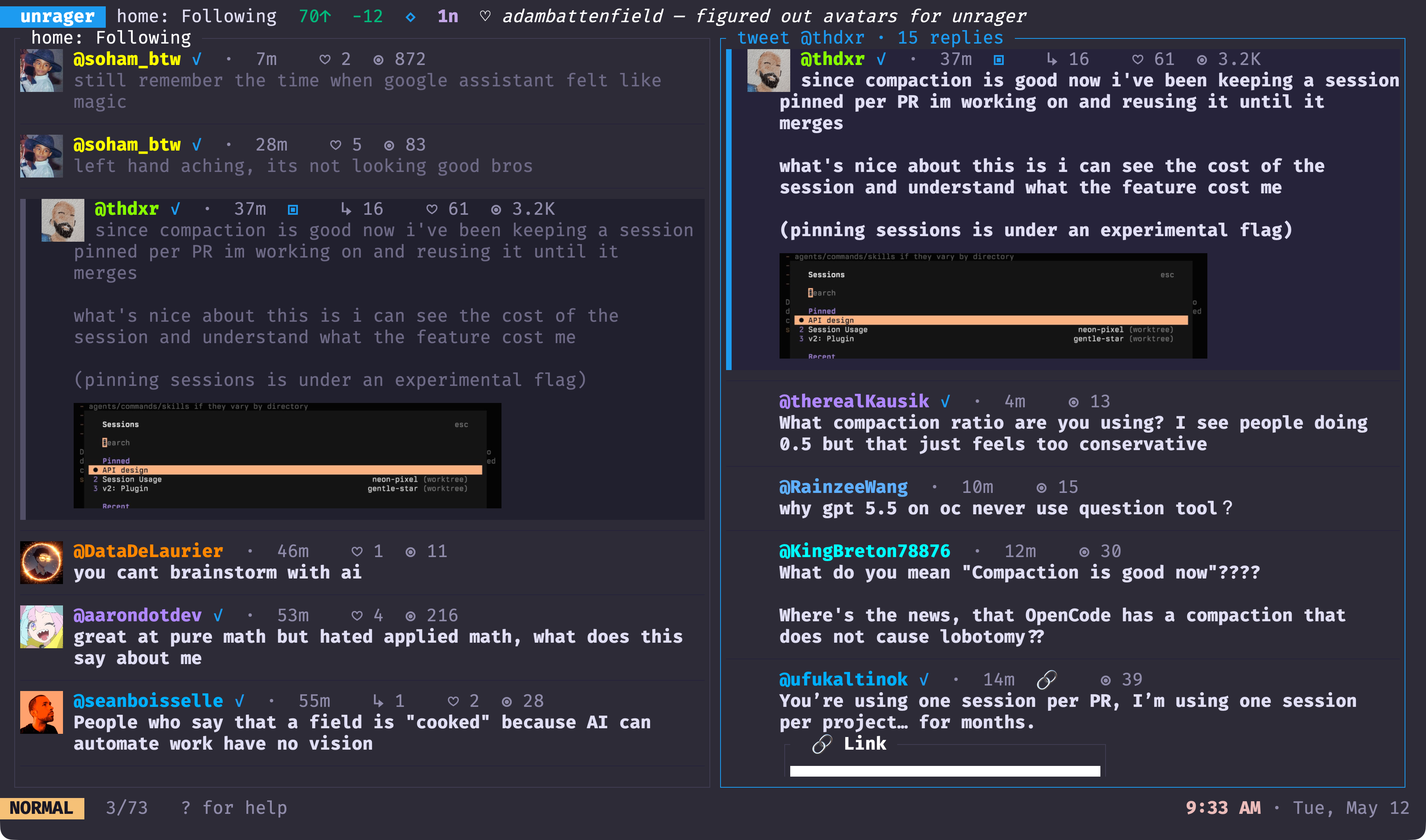 unrager in Ghostty: Following feed on the left with author-avatar chips, a focal tweet expanded on the right with an inline screenshot and threaded replies, rage-filter hidden-count visible in the header