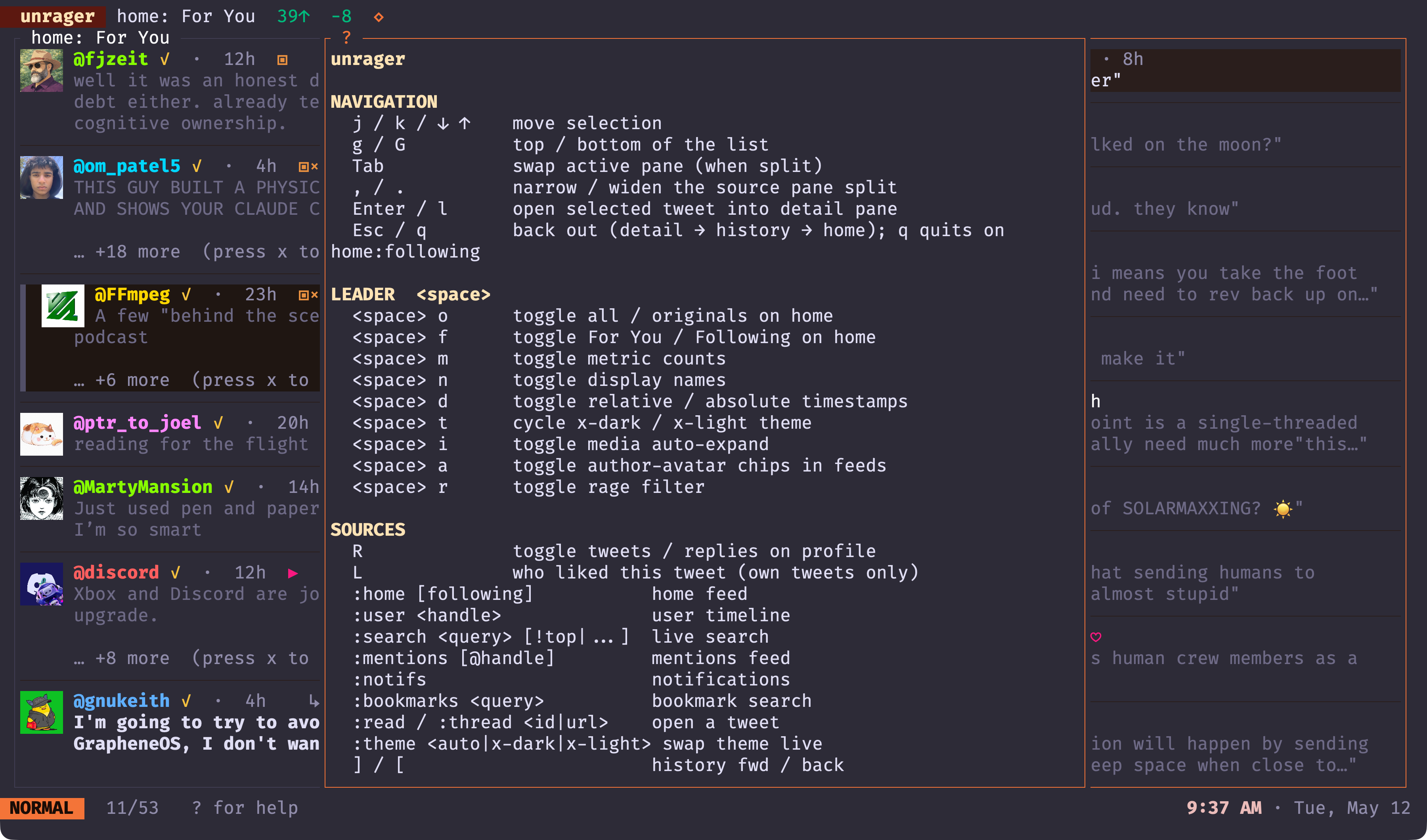 scrollable help overlay covering navigation, leader, sources, and read-tracking bindings